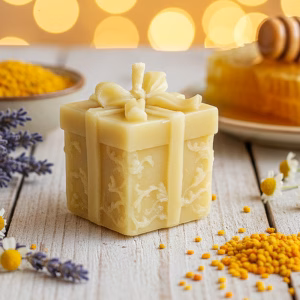 Ръчно изработена восъчна свещ с форма на подарък с панделка от жълт пчелен восък